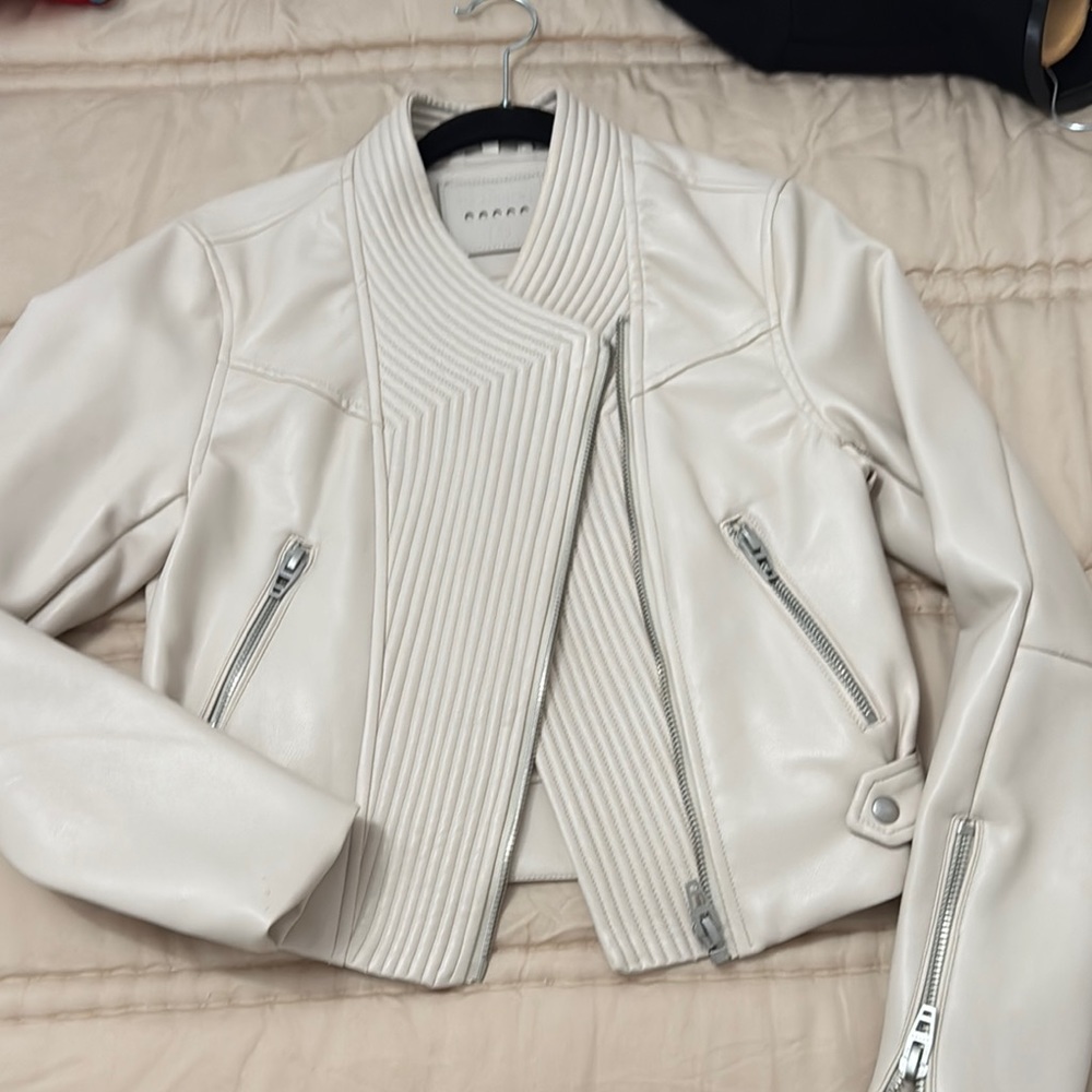 Cream Cropped Leather Jacket with Asymmetrical Zipper